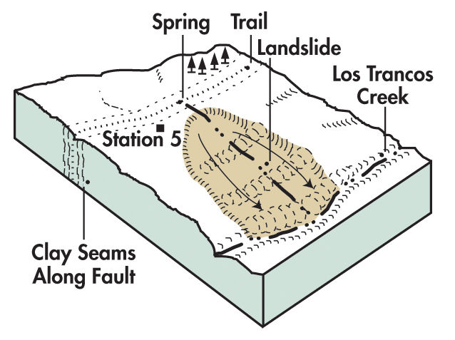 Illustration of springs and landslides often found near faults