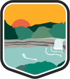 An illustrated badge for the Alabama community showing a waterfall with hills and a sunset in the background.