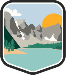 An illustrated badge for the Alberta community of a mountain range with rugged peaks, partially covered in snow, with trees in the foreground.