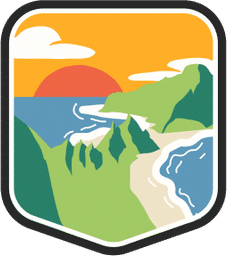 An illustrated badge for the American Samoa community showing a lush tropical landscape with palm trees and a sandy beach.