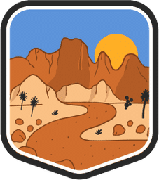 An illustrated badge for the Arizona community depicting a desert scene with red rock formations under a vibrant blue sky.