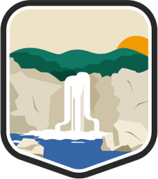 An illustrated badge for the Arkansas community featuring a tall rock formation with a waterfall, set against a backdrop of forested hills.