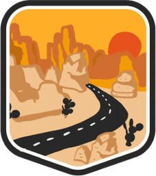 An illustrated badge for the Colorado community depicting a road running through rock formations under a setting sun.