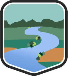 An illustrated badge for the Connecticut community showing a river winding through green landscapes with a blue sky overhead and small mountains in the distance.