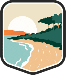 An illustrated badge for the Delaware community of a sandy beach with gentle waves and a clear sky.