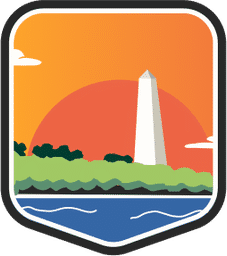 An illustrated badge for the District of Columbia community showing the Washington Monument in front of a sunset with a riverfront and trees.