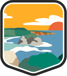 An illustrated badge for the Guam community depicting a tropical beach with blue water and rock formations under a sunny sky.