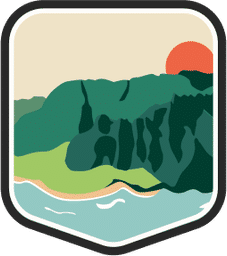 An illustrated badge for the Hawaii community featuring a lush green mountain with the ocean in the foreground.