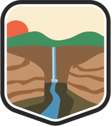 An illustrated badge for the Illinois community depicting a cliff with a waterfall bisecting it in the foreground and hills and a sunset in the background.