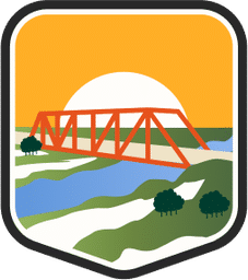 An illustrated badge for the Iowa community of a bridge over a river running through green fields under a blue sky.