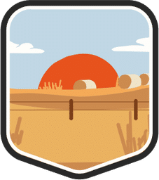 An illustrated badge for the Kansas community showing a wide-open prairie with bales of hay and a sunset in the distance.