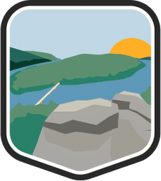 An illustrated badge for the Maryland community showing a river with rocks and green hills in the background.