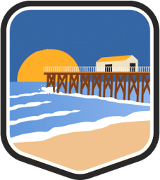 An illustrated badge for the New Jersey community depicting a beach scene with a boardwalk and the ocean under a blue sky.