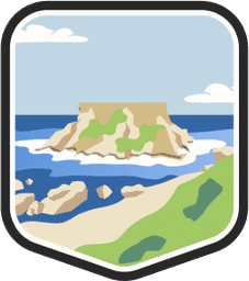 An illustrated badge for the Northern Mariana Islands community featuring a tropical landscape with a beach, an island, the ocean, and a clear blue sky.