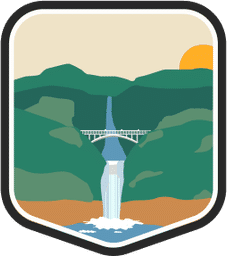 An illustrated badge for the Oregon community showing a waterfall cascading into a river with green hills in the background.