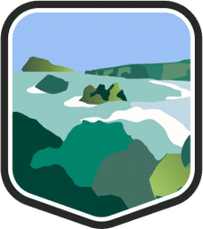 An illustrated badge for the U.S. Virgin Islands community featuring a verdant tropical landscape with a forested shoreline against clear blue water.