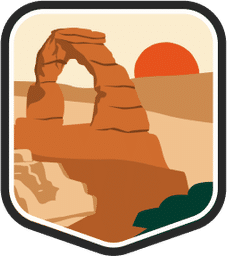 An illustrated badge for the Utah community depicting a desert landscape with a red rock arch under a summer sky.