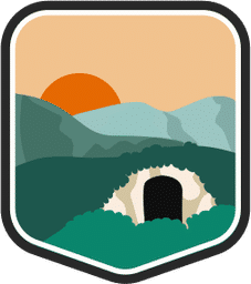 An illustrated badge for the Virginia community featuring a cave entrance with a valley and a setting sun in the background.