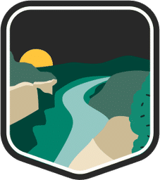 An illustrated badge for the West Virginia community depicting a river winding through a forested valley with mountains and a setting moon in the background.