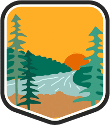 An illustrated badge for the Wisconsin community featuring a forested landscape with tall trees and a river under a setting sun.